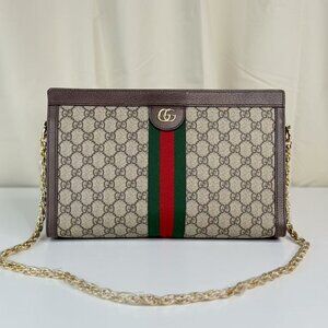 Gucci GG Logo Supreme Large Ophidia Shoulder Bag with Red & Green Stripes